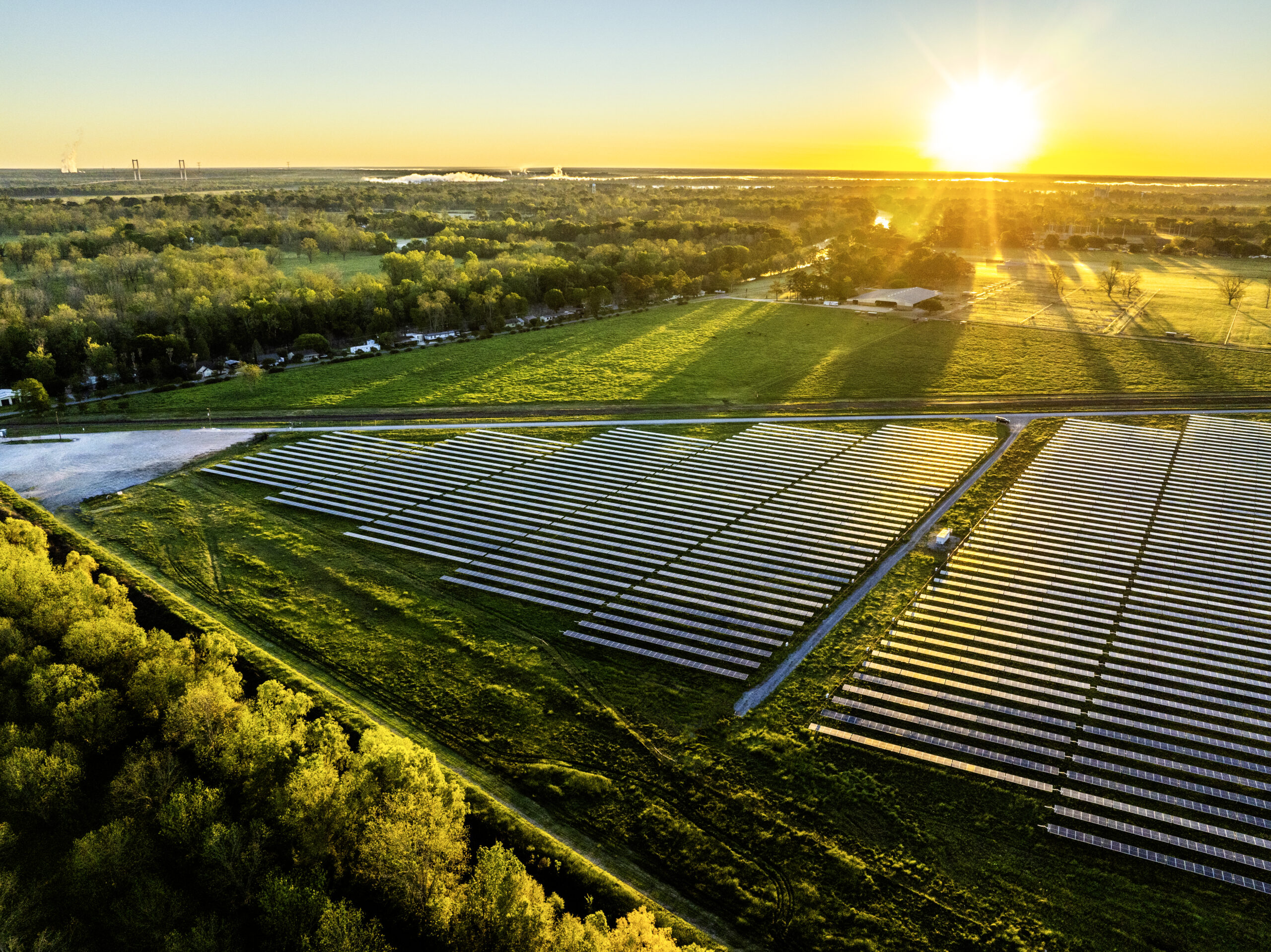 Aerial view of Oxbow Solar farm in Louisiana at sunrise
